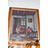 Tapestry picture of an interior scene, maple framed and glazed