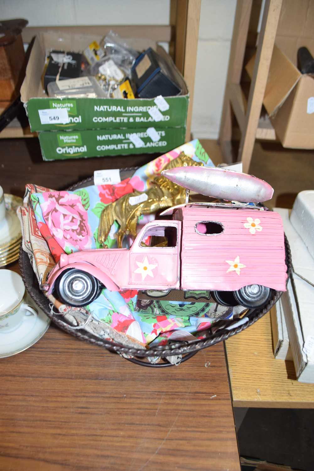 Mixed Lot: Metal fruit basket, model van, various fabric, horse shaped key rack etc