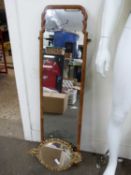 Walnut framed narrow wall mirror and further small metal framed mirror (2)