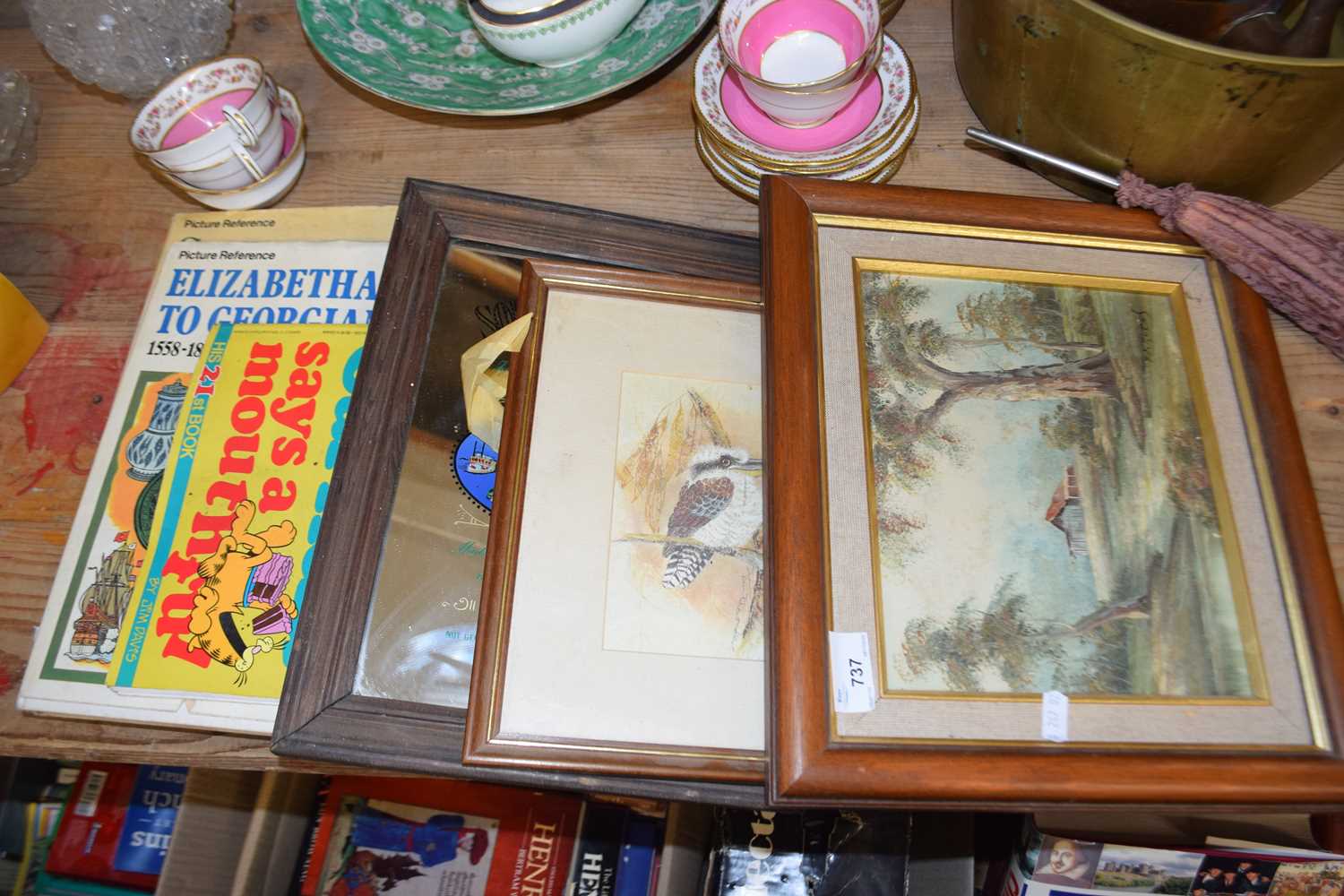 Mixed Lot: Southern Comfort mirror, small oil on board study, rural scene, various books etc