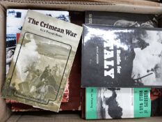 Box of mixed books to include Warships of WWI by H M Lee Fleming, The Battle for Italy by G F