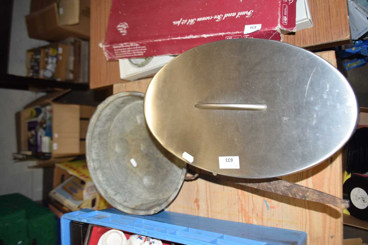 Large copper pan and a stainless steel bread bin