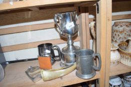 Mixed Lot: Silver plated trophy, hip flasks and other items