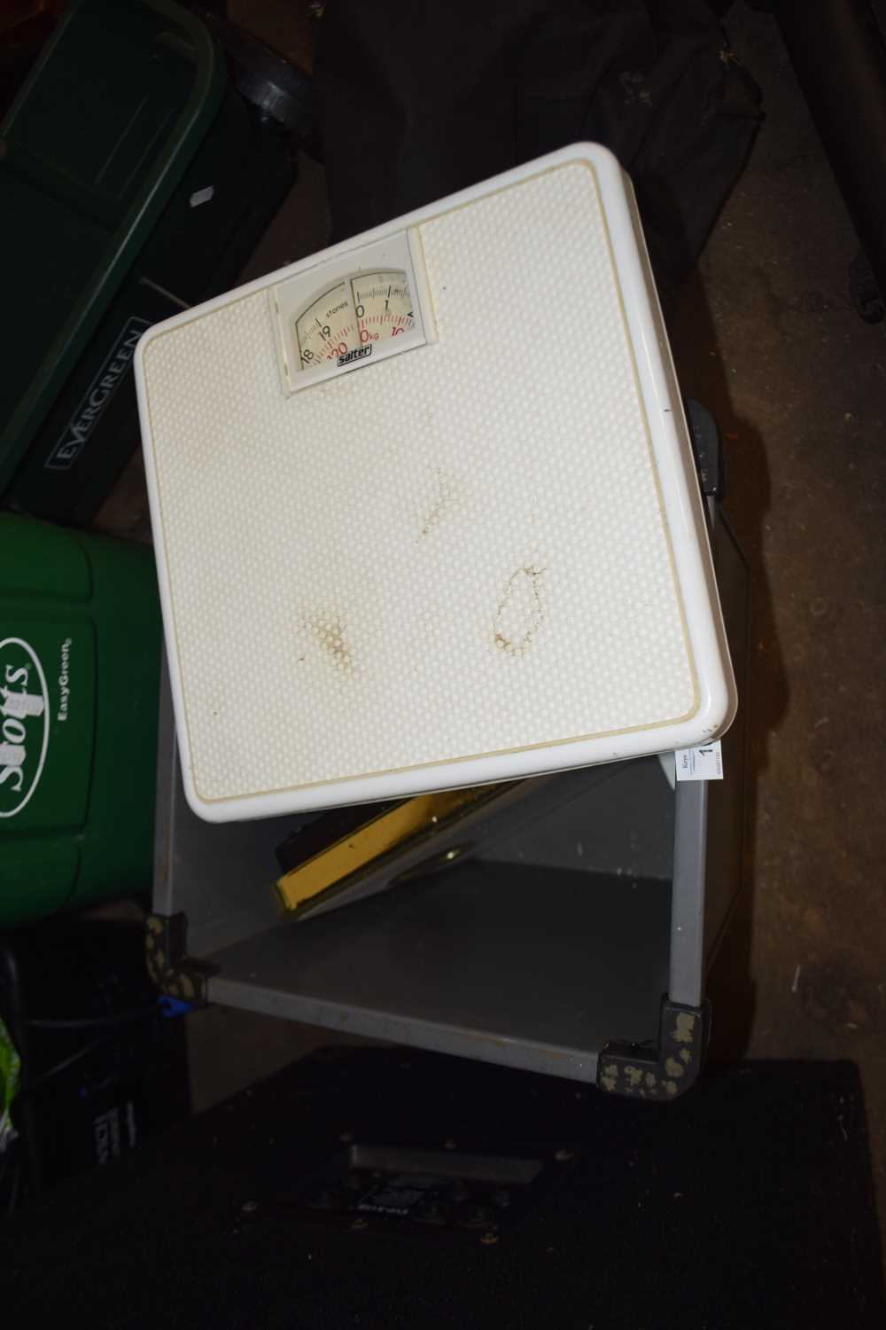 Metal waste paper bin and bathroom scales