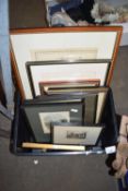 One box of various engravings, framed map of Devonshire etc