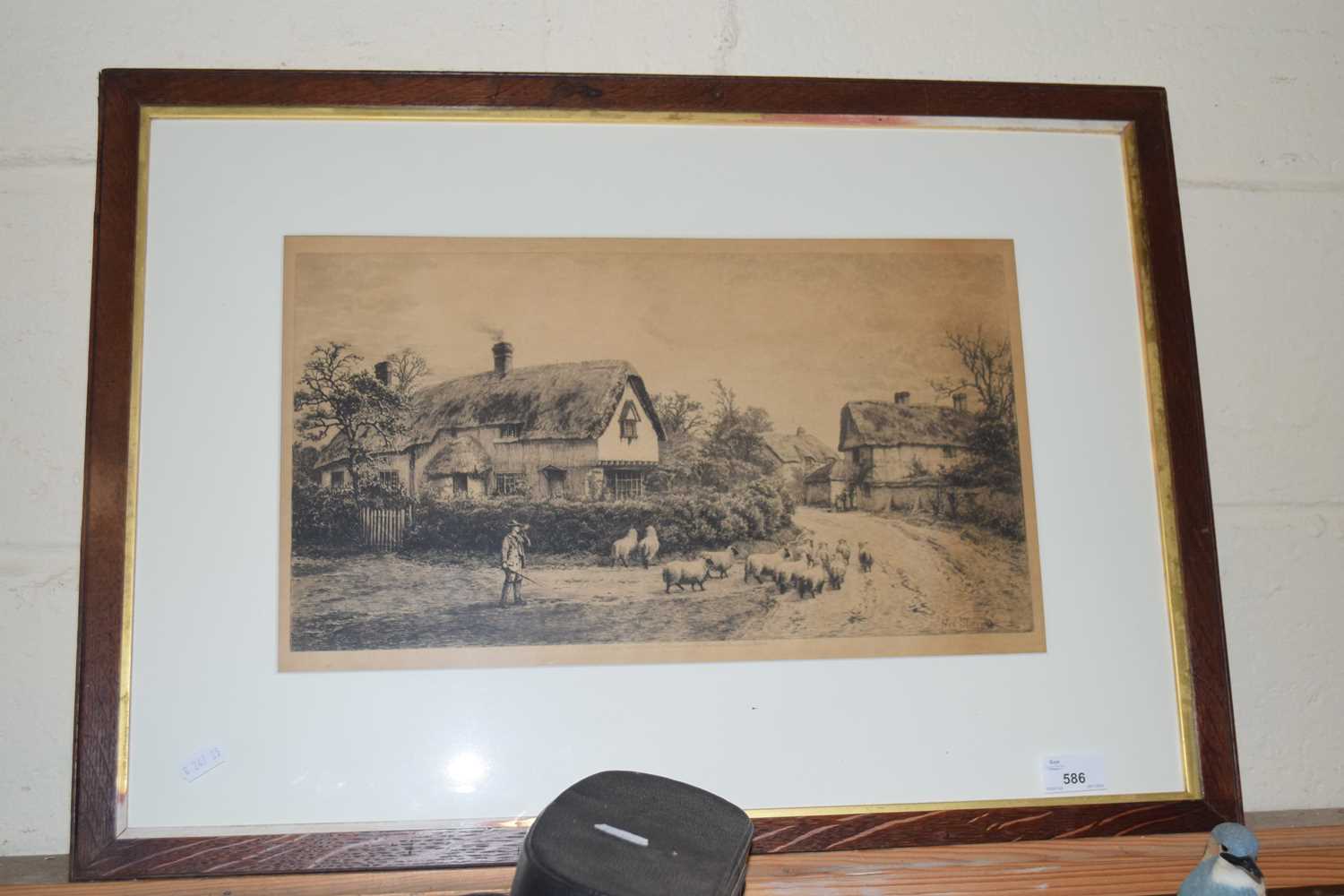 Fred Slocombe, village scene with shepherd, black and white engraving, signed in pencil, framed
