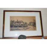 Fred Slocombe, village scene with shepherd, black and white engraving, signed in pencil, framed