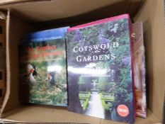 Box of mixed books to include Cotswolds Gardens by David Hicks, The Feather and the Furrow, Bird