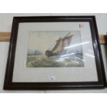 19th Century school study of fishing boats on rough seas, watercolour, framed and glazed