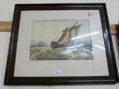 19th Century school study of fishing boats on rough seas, watercolour, framed and glazed