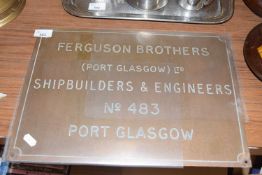 Copper or brass plaque marked 'Ferguson Bros (Port Glasgow) Ltd' Ship Builders and Engineers No 483,