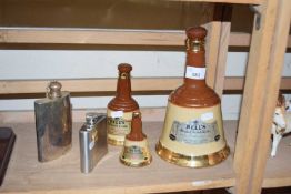 Mixed Lot: Hip flasks and Wade Whiskey bells (empty)