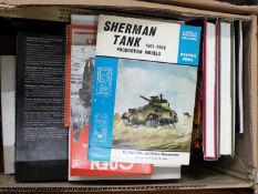 Box of mixed books to include Sherman Tank 1941-45 by Chris Ellis etc