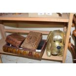 Mixed lot comprising a modern door stop formed as a dog, two modern hardwood boxes and a book formed