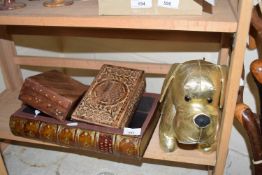 Mixed lot comprising a modern door stop formed as a dog, two modern hardwood boxes and a book formed