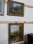 NIK Pair of oils, country scenes with buildings, gilt framed