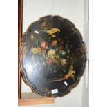 Victorian black lacquered serving tray decorated with flowers and parrots