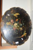 Victorian black lacquered serving tray decorated with flowers and parrots