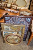 Mixed Lot: 19th Century tapestry pictures, modern mixed media study and a 19th Century silkwork