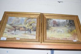 Stephen Walker, two studies of horses, and horses in a woodland glade, oil on board, gilt framed