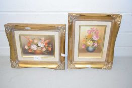 Two modern still life studies of vases of flowers, oil on board, gilt framed