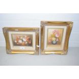 Two modern still life studies of vases of flowers, oil on board, gilt framed