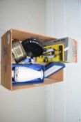 Box of assorted mixed items to include boxed Burago racing car, various ornaments, porcelain vase