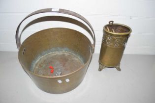 Brass preserving pan and a quantity of assorted fire tools
