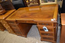 Reproduction mahogany veneered twin pedestal office desk, 138cm wide