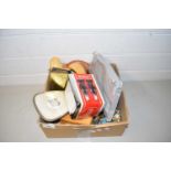 Box of various mixed items to include dressing table brush, serving spoons, clogs and other assorted