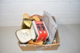 Box of various mixed items to include dressing table brush, serving spoons, clogs and other assorted