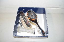 Mixed Lot: Silver and tortoiseshell mounted dressing table brushes plus various dressing table