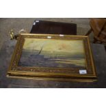 Group of three various gilt framed oil paintings, still life of roses and two seascapes