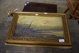 Group of three various gilt framed oil paintings, still life of roses and two seascapes