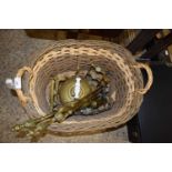 Basket containing various fire tools, brass kettle etc