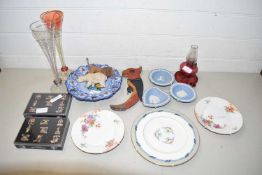 Mixed Lot: Various decorated plates, Jasper Ware pin trays, glasses, small oil lamp etc