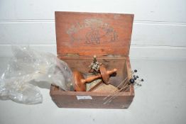 Small box of base metal and wood hat pin stands and assorted pins