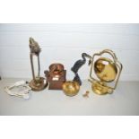 Mixed lot of metal wares comprising a small brass table gong, a table lamp, coffee grinder, model
