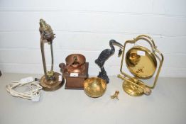 Mixed lot of metal wares comprising a small brass table gong, a table lamp, coffee grinder, model