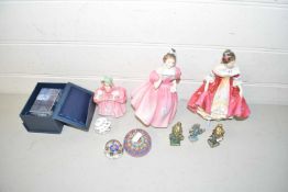 Mixed Lot: Royal Doulton figures Camelia, Bo-Peep and Southern Belle plus three small brass