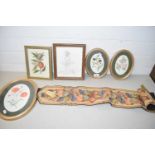 Collection of assorted pictures, mainly floral themes and a small needlework wall hanging