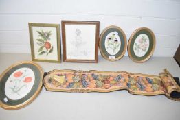 Collection of assorted pictures, mainly floral themes and a small needlework wall hanging