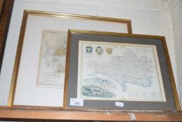 Mixed Lot: Framed coloured map of Norfolk together with a reproduction map of Dorset, framed and
