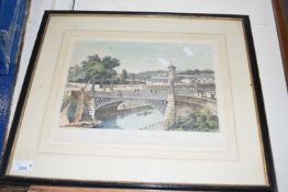 Coloured engraving, The Foundry Bridge and Railway Station, Norwich, framed and glazed