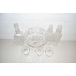 Mixed Lot: Assorted glass wares to include a large crystal glass pedestal bowl, various decanters,