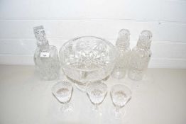 Mixed Lot: Assorted glass wares to include a large crystal glass pedestal bowl, various decanters,