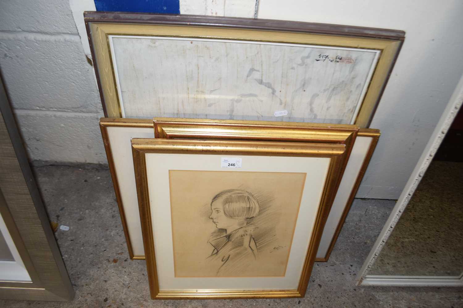 Group of various mixed pictures to include pencil portrait, various studies yachting scenes etc