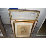 Group of various mixed pictures to include pencil portrait, various studies yachting scenes etc