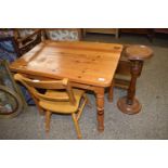 Small pine table on turned legs together with an accompanying chair