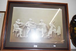 Reinhard, monochrome print, musicians, dated 1976, framed and glazed